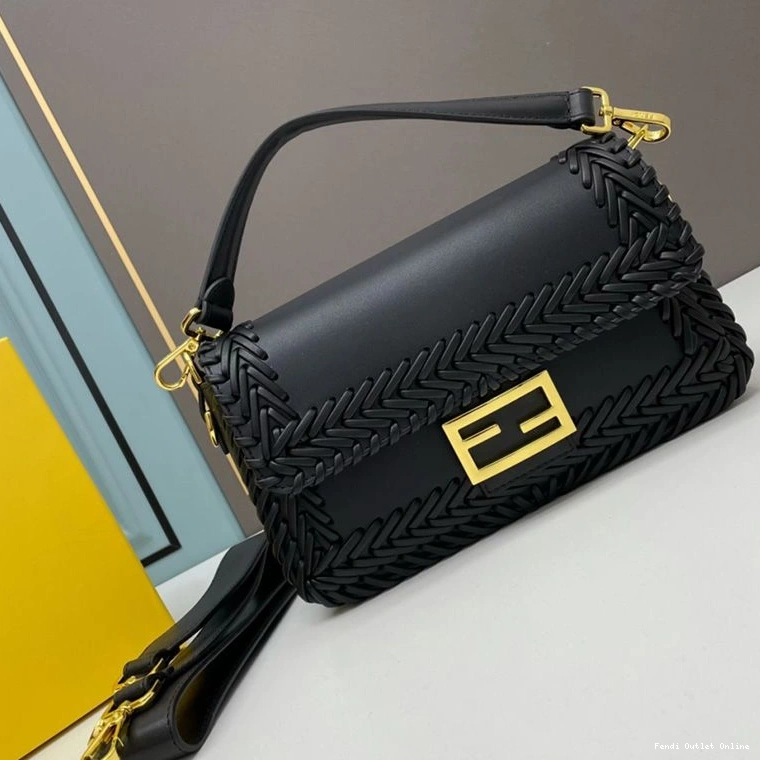 Affordable Baguette Bag Medium Black Leather In Stitching Fendi 0726